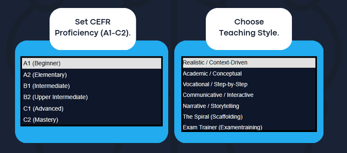 PALS Cortex configuration panels for CEFR proficiency levels and teaching style selection.