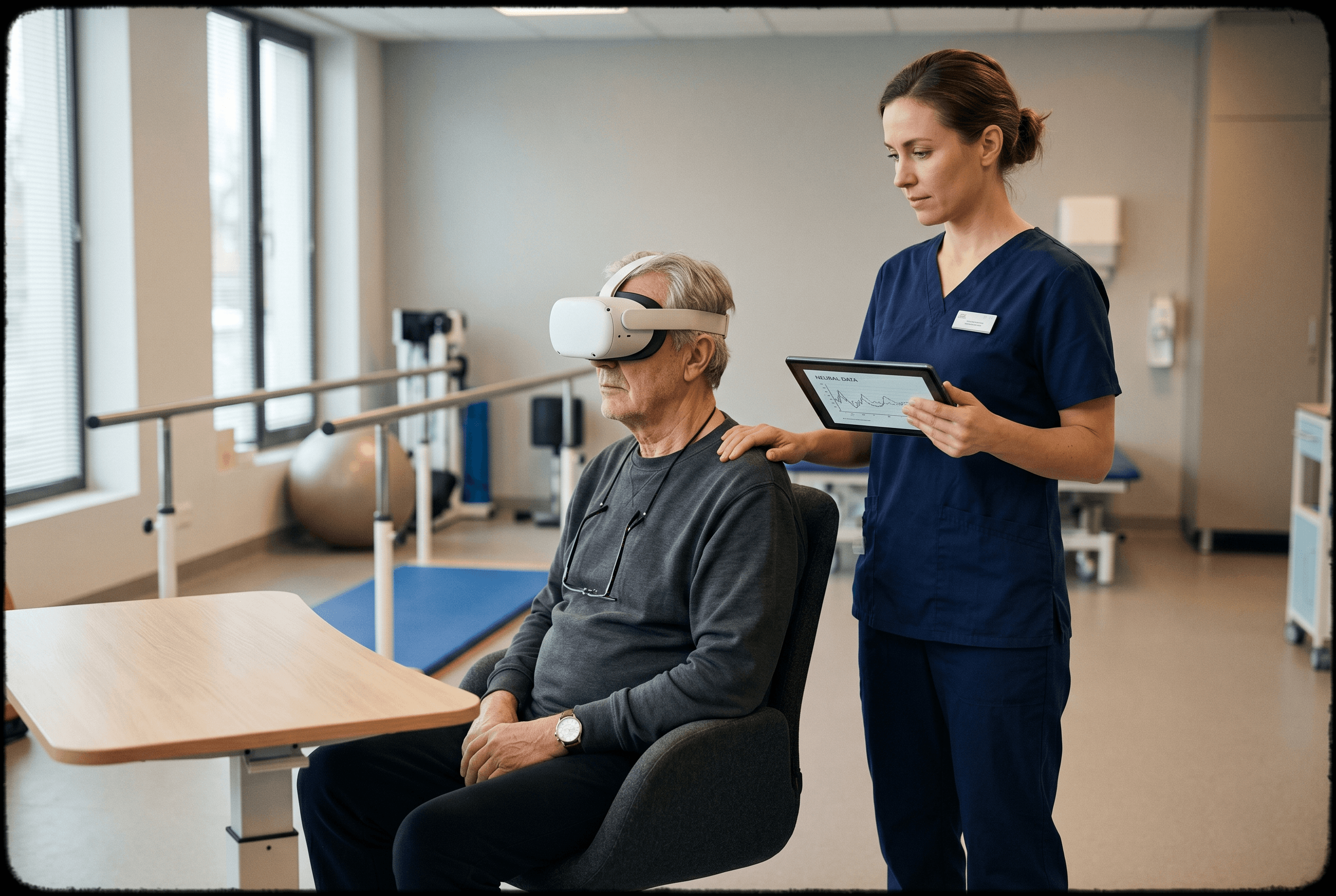 Clinical neurorehabilitation scene illustrating cognitive preparation before physical therapy begins.