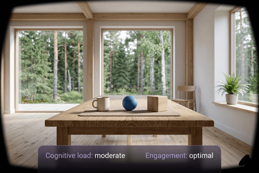 Calm virtual rehabilitation room with objects on a table and a semi-transparent HUD showing cognitive load and engagement metrics.