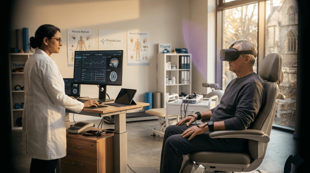 Physiotherapist standing beside an elderly patient wearing a VR headset in a rehabilitation clinic.
