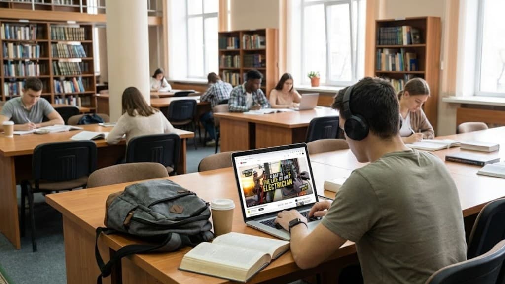 Student in a library watching a day-in-the-life video on a laptop while taking notes.