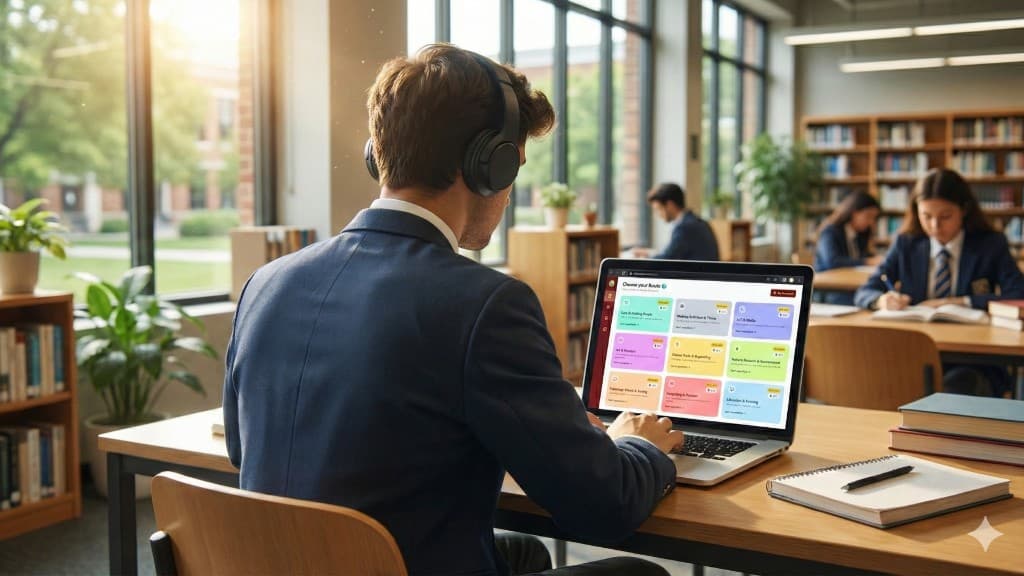 Student in a library wearing headphones, with a laptop showing the PALS Pathway Choose your Route screen and nine career route tiles.